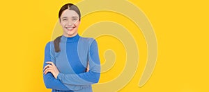 laughing woman portrait on yellow background, happpiness. Woman isolated face portrait, banner header poster with mockup