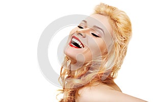 Laughing woman with red lips & healthy shiny hair