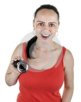 Laughing woman squeezing horn