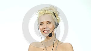 laughing woman talking on helpline, Headset telemarketing positive female call center agent at work.