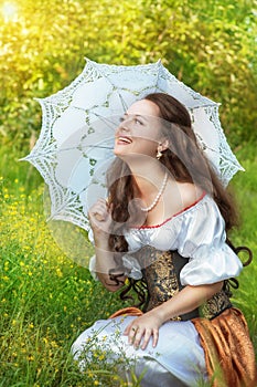 Laughing woman in vintage dress