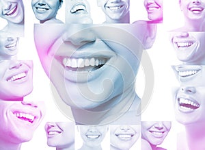 Laughing women and man with great teeth over white background. Healthy beautiful male and female smile. Teeth health, whitening,