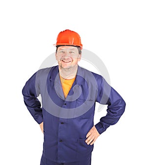 Laughing worker in red hard hat.