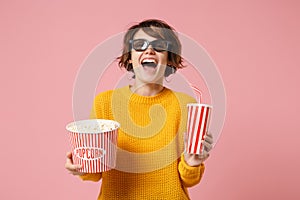 Laughing young woman girl in 3d imax glasses posing isolated on pink background. People in cinema, lifestyle concept