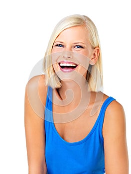 Laughing, young woman and portrait of a person from Switzerland with happiness in studio. Isolated, white background and