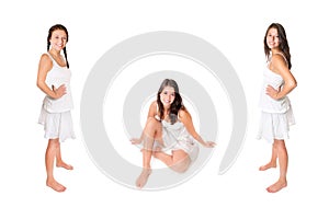 Laughing young woman wearing short summer skirts and white tops