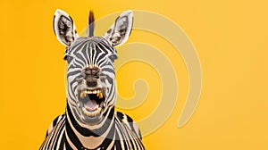 Laughing zebra against a yellow background