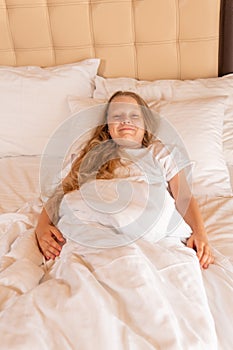 Laughs young girl phone sleep mobile beautiful bed view sleeping, concept white relax in health from home nap, positive