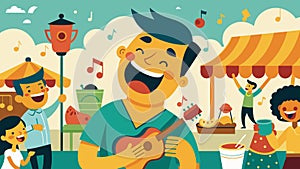 Laughter and music fill the atmosphere creating a lively and cheerful ambiance at the flea market.. Vector illustration.