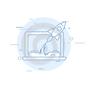 Launch of business or sturtup - rocket start from laptop