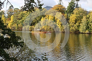 Launch Derwent Water passing Derwent Isle Keswick