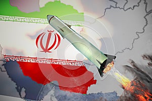 Launch of missile. Iran flag and map in background. 3D rendered illustration.