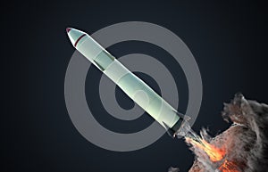 Launch of nuclear missile on black background. 3D rendered illustration