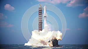 Launch of the rocket from a floating launch pad. Beautiful rocket take-off into the atmosphere. 3d animation