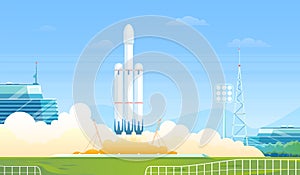 Launch rocket vector illustration, cartoon flat research shuttle, heavy rocket carrier taking off, spaceship station or