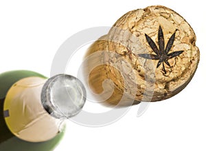 Launched champagne cork with the shape of a weed leaf burnt in.