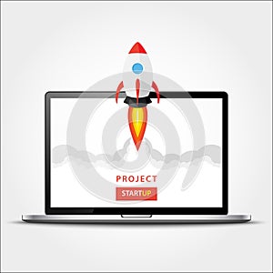 Launching app project on laptop desktop concept. Rocket fly out of monitor. Start up, business idea isolated on white. Vector Illu