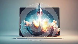 Launching business concept. space rocket fast laptop screen computer. Ai generate
