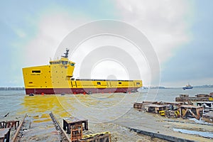 Launching ceremony of a ship in the shipyard