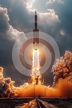 launching a flight rocket from space base into space on background a sky