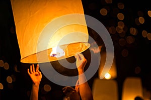 Launching hot air sky lantern