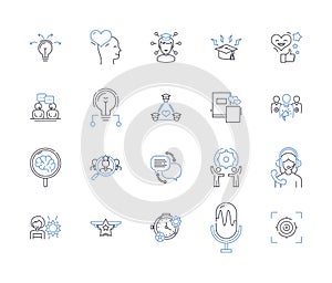 Launching orientation line icons collection. Launchpad, Kickoff, Initiation, Beginning, Takeoff, Introduction photo