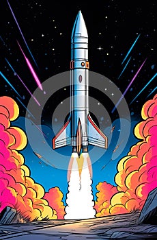 Launching space rocket in neon colors