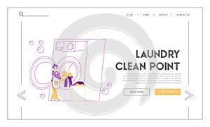 Launderette Washing, Cleaning Service Landing Page Template. Female Character in Public Laundry Laying Clean Clothes
