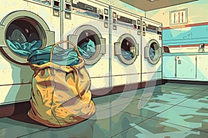 Laundromat interior with washing machines, dryer, clothes in basket, laundry service concept