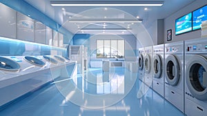 Laundromat with sleek blue lighting and modern washing machines. Ultramodern laundry facility design. Concept of