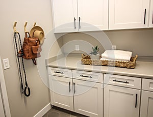 Laundry Area Cabinets With Free Standing Hooks