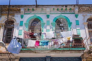 Laundry on the balcony of an old colonial building in Havana