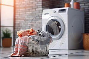 Laundry basket against modern washing machine in blurred background for household chores concept