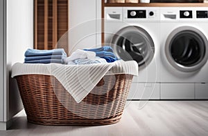 Laundry basket on blurred background of modern washing machine