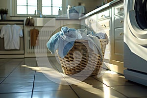 Laundry basket on blurred background of modern washing machine, Basket with dirty clothes in laundry room, generative ai