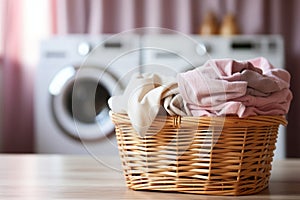 Laundry basket on blurred background of modern washing machine in laundry room interior