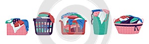 Laundry basket with clothes. Housewife wicker and woven basket with dirty and soiled clothes, bin with socks and T-shirt. Vector