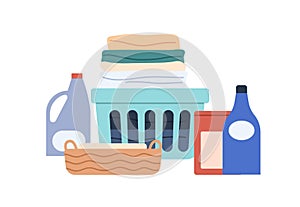 Laundry in basket, detergents in bottles. Tidy clean clothes, neat linen stack in container and washing chemicals