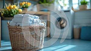 A laundry basket filled with folded towels sits in front of a washer