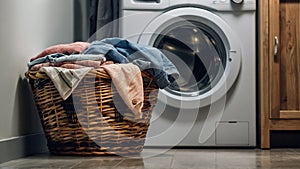 A laundry basket full of clothes sits in front of a modern washing machine. Ai-Generated Images