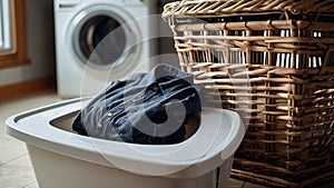 A laundry basket full of clothes sits in front of a modern washing machine. Ai-Generated Images