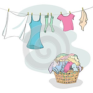 Laundry in Basket and hanging on Washing Line