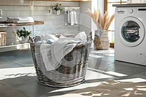Laundry basket with linens in a bright laundry room