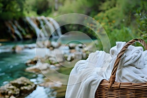 laundry basket of pristine bathrobes near a tranquil spring