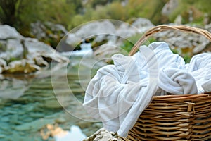 laundry basket of pristine bathrobes near a tranquil spring