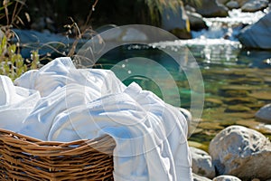 laundry basket of pristine bathrobes near a tranquil spring