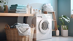 Laundry basket with towels and washing machine in modern laundry room