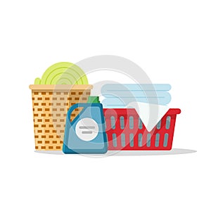 Laundry on baskets vector illustration, flat carton linen stack for washing, towels folded