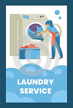 Laundry card with laundress puts clothes in washing machine, vector illustration.