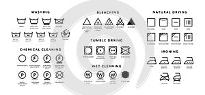 Laundry care icons. Machine and hand wash advice symbols, fabric cotton cloth type for garment labels. Vector wash